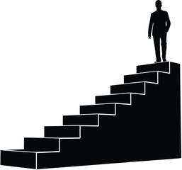 Businessman at the top of stairs silhouette isolated vector on white background. 