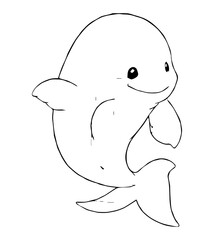 A simple line drawing of a cartoon beluga whale with a cute smiling expression