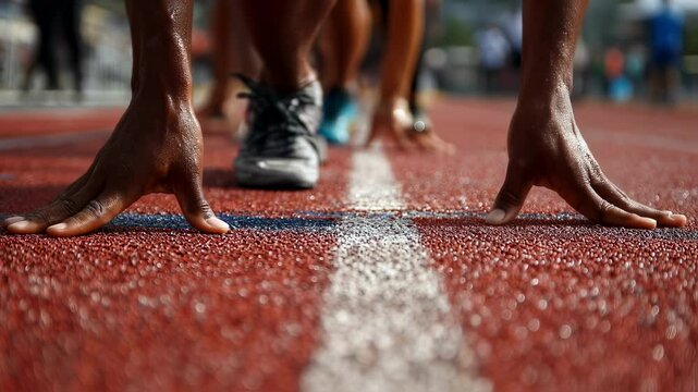 Tense athletes await the starting signal, hands gripping the red running track, ready to explode into action in a display of speed and power
