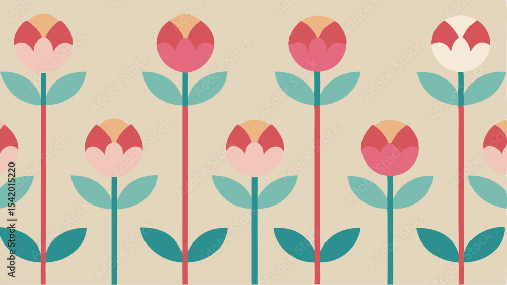 Aufkleber repeating floral pattern in a geometric style with retro color palette