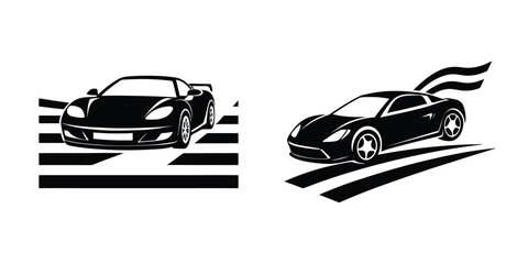 Concept showing a compact sports car front angle soaring past finish line Isolated on White Background