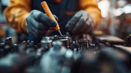 A mechanic meticulously repairs an engine with precision, showcasing the detailed craftsmanship and expertise involved in automotive maintenance and repair techniques.