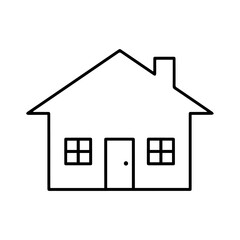 A simple line drawing of a house with a door windows roof and chimney