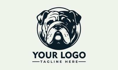 A stylized bulldog head logo design, monochrome, encircled, for branding.