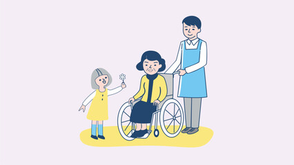 Nursing home, hospital, recuperation, rehabilitation concept happy old woman holding hands with nurse together, doctors in clinic care, help and support patients simple flat vector