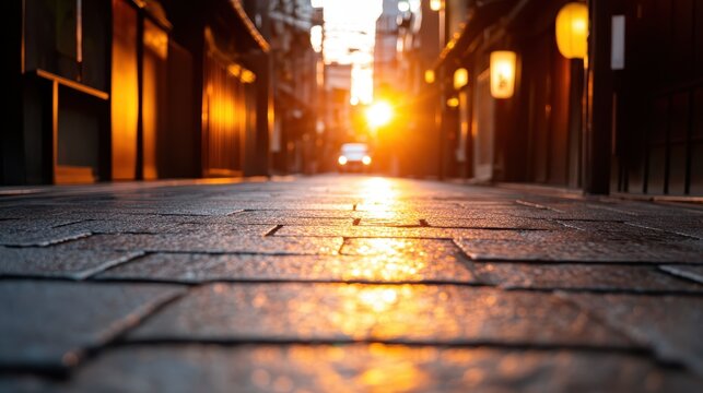 This image captures the serene beauty of a cobblestone street illuminated by a warm sunset, creating a captivating atmosphere that invites exploration and reflection.