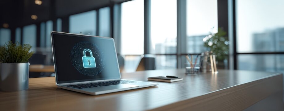 The laptop displaying a secure lock symbol on a modern office desk.