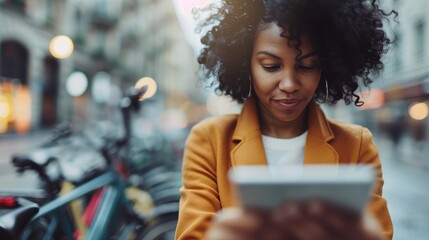 A woman with curly hair focused on her smartphone in a vibrant urban environment filled with parked bicycles, reflecting modern city life and connectivity.