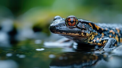 A detailed close-up photograph of a beautifully colored frog perched in a reflective pool, illustrating the stunning detail and beauty found in natural wildlife.