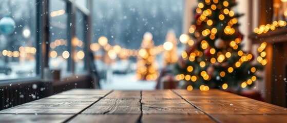 Empty wooden table with blurred Christmas tree and snowfall bokeh lights in the background. Cozy winter holiday background. Clear, soft, festive.