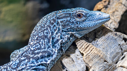 Close-up view of a Blue Speckled Tree Monitor (Varanus macraei)