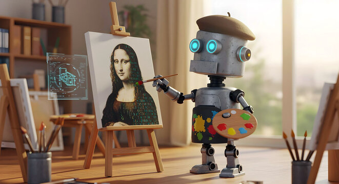 Cute robot painting Mona Lisa using artificial intelligence in digital reinterpretation of classic art AI Agent AGI ASI - Powered by Adobe