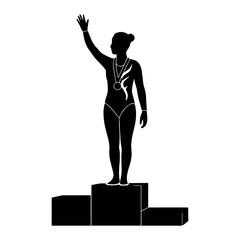 Gymnast winner silhouette on podium with medal for gymnastics competition victory achievement