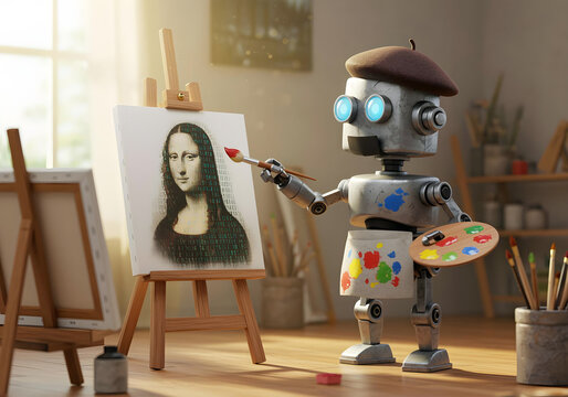 Cute robot painting Mona Lisa using artificial intelligence in digital reinterpretation of classic art AI Agent AGI ASI
