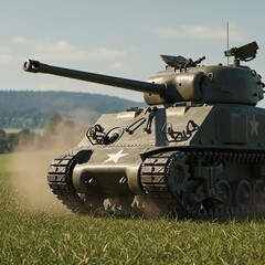 Fototapeta premium Olive drab tank rolling across grassy field