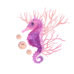 Watercolor delicate composition with lilac seahorse, pearls and corals. Marine aesthetic composition