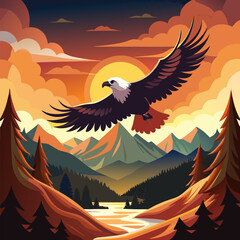 Obraz premium Majestic Eagle Soaring Above Mountain Range at Sunset Illustration