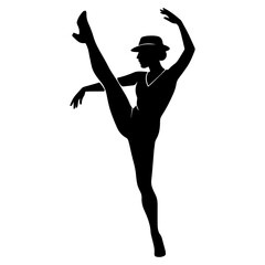 Silhouette dancer woman dancing pose ballet jazz hat black and white art illustration vector image