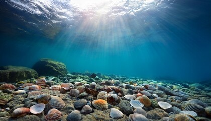 Obraz premium underwater vista of seashells and rocks with sunbeams piercing the surface