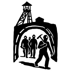 Mining illustration of coal miners with pickaxe entering mine shaft black and white vector image art