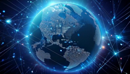 Obraz premium digital earth with flying lines and glittering lights in space global network connection and technology concept data transfer and telecommunication abstract background