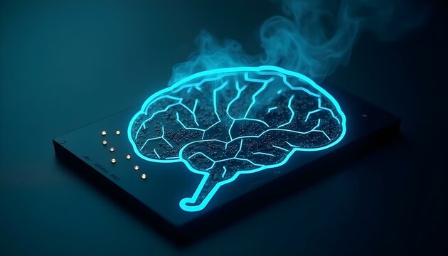 Futuristic blue neon brain emerging from electronic board representing AI integration and smart processing AI Agent AGI ASI