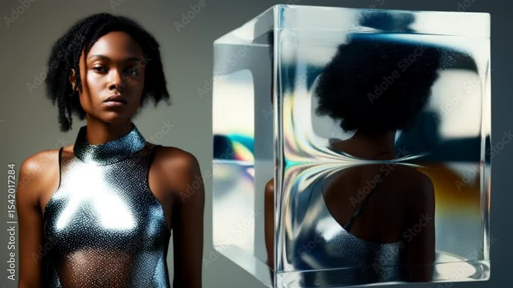 Poster model posing beside a reflective block in a studio setting generative ai