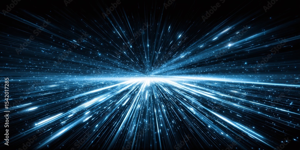 Poster streaks of blue light radiate from a central point, creating a sense of high-speed travel through sp