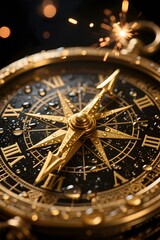 Fototapeta premium Vintage Golden Compass with Water Droplets and Sparks – Close-Up