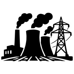 Nuclear power plant energy industry electricity generation station pollution smoke tower silhouette vector icon