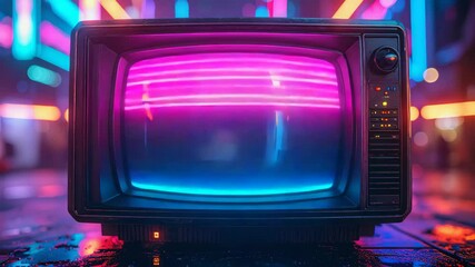Old television showing neon lights reflecting on wet asphalt at night. - Powered by Adobe