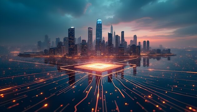 City skyline powered by massive AI microchip platform with glowing data highways AI Agent AGI ASI