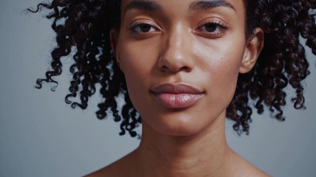 Young woman with curly hair displaying diverse facial expressions during professional studio photoshoot, presenting authentic emotions against minimalist gray background
