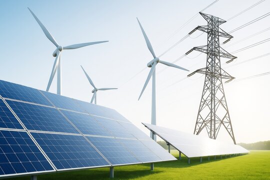 Solar panels, wind turbines and power line tower on green field during daylight with blue sky background for clean energy and sustainable power industry. - Powered by Adobe