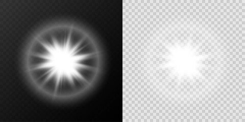 Realistic Glowing Flash with Rays and Circular Optical Halo on Dark and Transparent Background