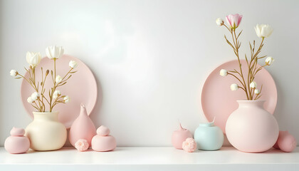 Floral Arrangement with Pastel Vases and Decorative Elements on a White Shelf