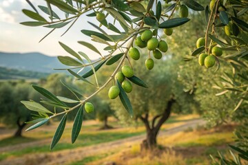 Green olive tree in nature, close-up, branch, olives.