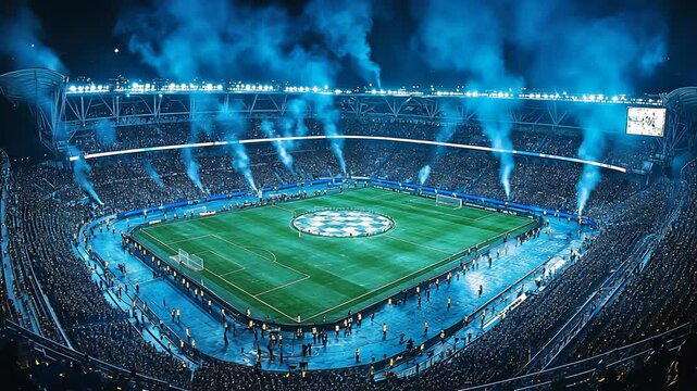Crowded stadium with blue smoke and bright stadium light. Concept of exciting soccer match night, sporting event, competition. Footage.