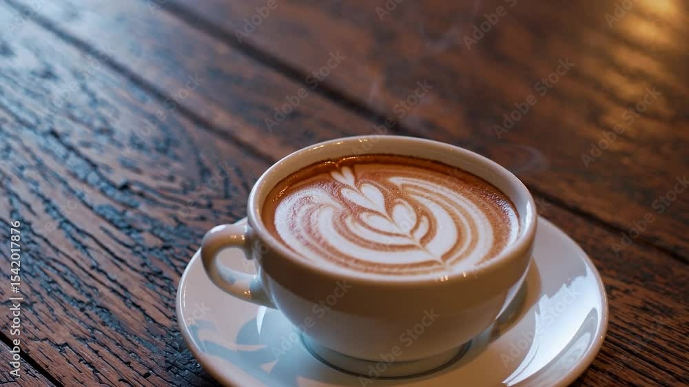 Poster freshly brewed latte with intricate art pattern steaming over rustic wooden surface, emanating rich 