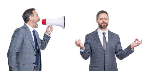rivalry concept. business conflict. businessman shouting on employee in loudspeaker isolated on...
