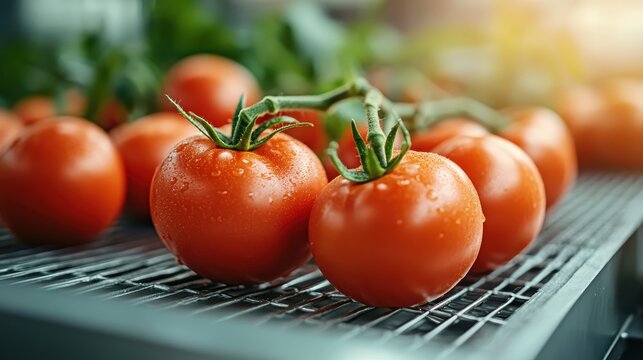 Gloriously ripe red tomatoes dripping with fresh water, displayed on a metallic rack, symbolizing the freshness and healthiness of farm-to-table produce. - Powered by Adobe