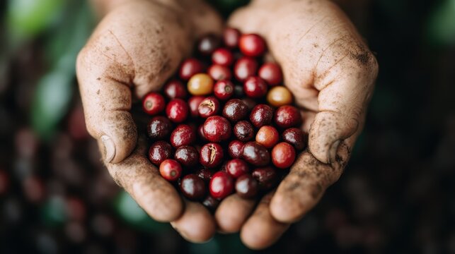 Two hands cradling freshly harvested coffee cherries, showcasing the rich colors and textures of the beans, a representation of hard work and dedication in agriculture.