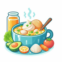 A steaming bowl of soup is depicted with various side accompaniments in a colorful cartoon style