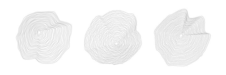 Set of rounded wood cuts on white with wavy, concentric annual rings. Cross sections of tree trunk. Organic ripple circles. Hardwood stump. Vector illustration