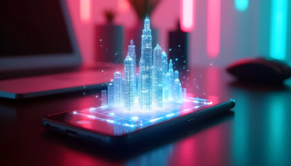Smart holographic cityscape emerging from mobile interface over urban planning desk AI Agent AGI ASI