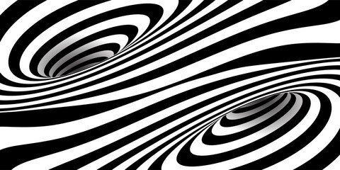 Wormhole with entrance and exit bg. Optical illusion of abstract tunnel with 3D portal effect. Circular whirlpool. Psychedelic vector illustration of black lines and stripes