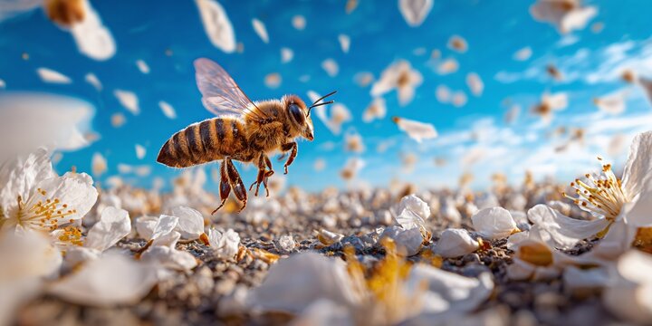 A bee in mid-flight against a backdrop of a field of flowers and a bright blue sky.