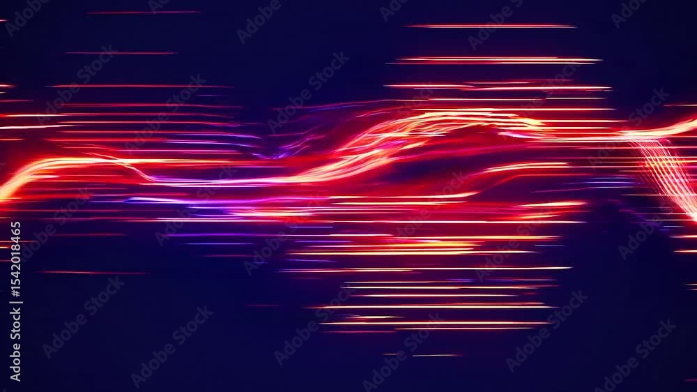 Poster Vibrant light trails dancing dynamically across dark background, generating mesmerizing abstract visual patterns with energetic color gradients and luminous movement