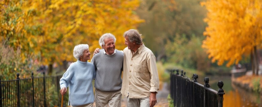 The elderly couple enjoying a joyful walk through a vibrant autumn park. - Powered by Adobe