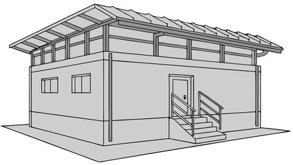 Illustration of a two story building with stairs leading to a door and a roof with overhangs